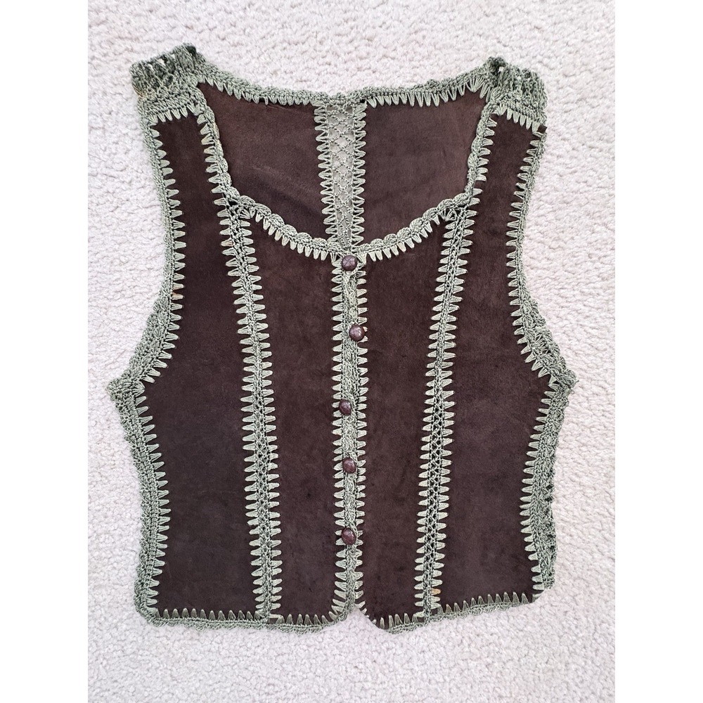 Handmade Chocolate Brown Suede Crochet Lace RARE Boho Chic Vest Size Small/Med